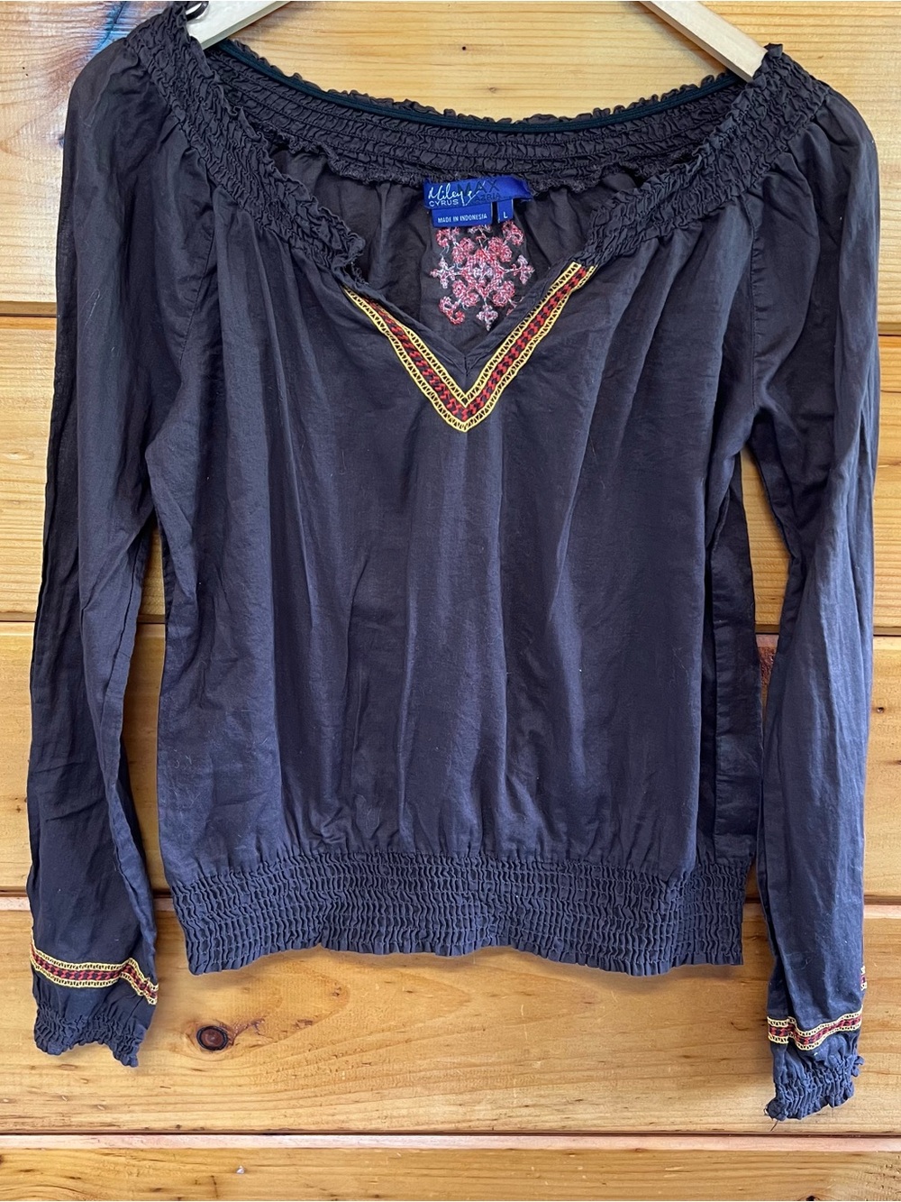 Boho Blouse Embroidered Long Sleeve Brown Miley Cyrus L Smocked Cotton Top